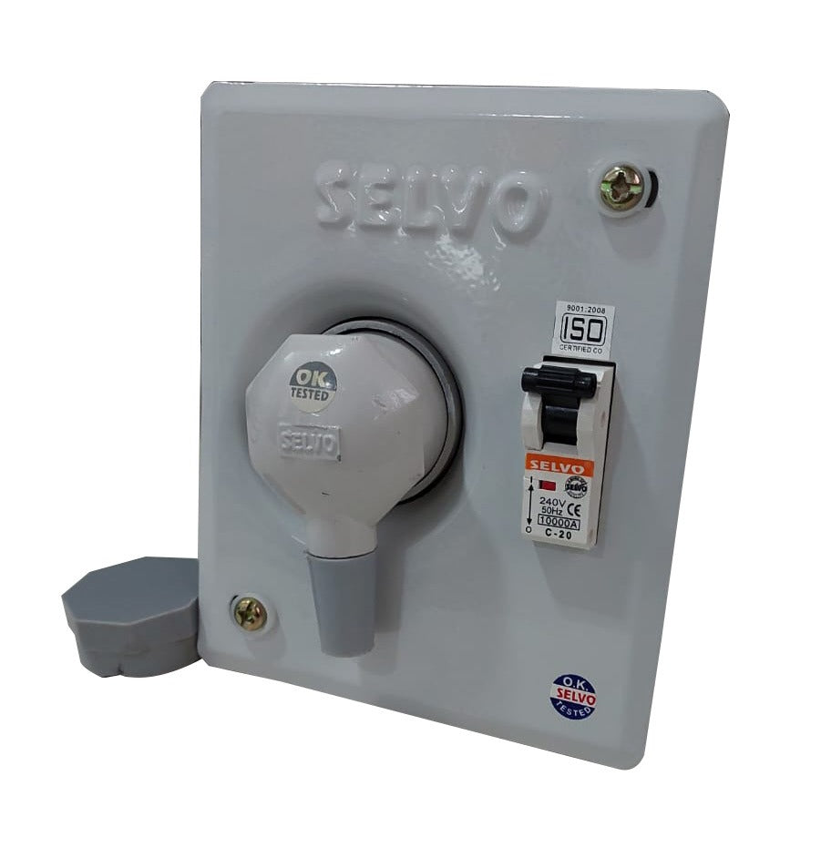 SELVO 20 Amps SPN Distribution Board with Two Pin Metal Clad Industrial Plug and Socket (Fitted with 20A Single Pole MCB)