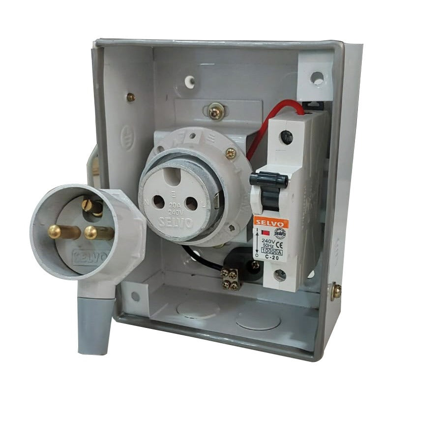 SELVO 20 Amps SPN Distribution Board with Two Pin Metal Clad Industrial Plug and Socket (Fitted with 20A Single Pole MCB)