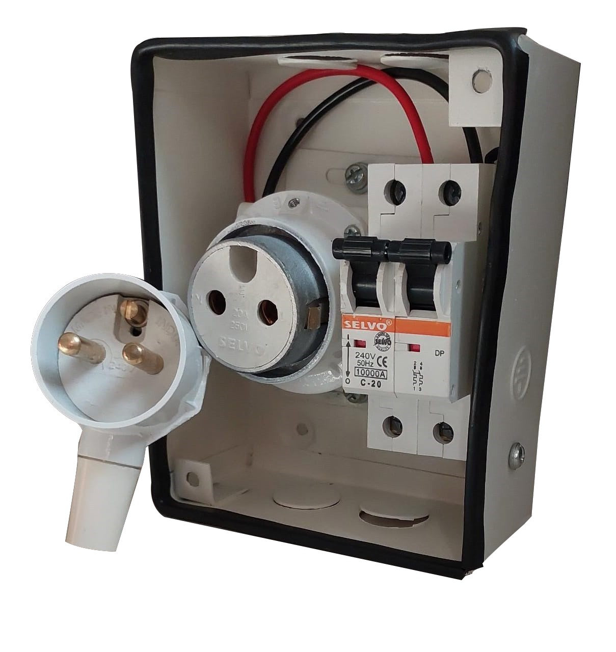 SELVO 20 Amps SPN Distribution Board with Two Pin Metal Clad Industrial Plug and Socket (Fitted with C-20A Double Pole MCB))