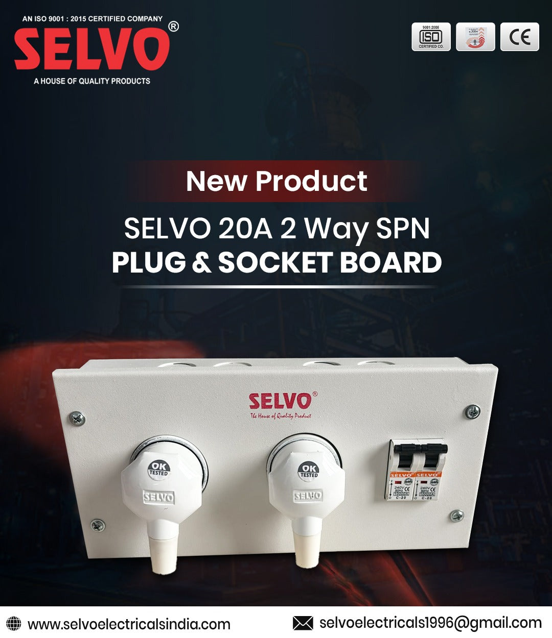 SELVO 20A 2 WAY (SPN) METAL CLAD PLUG & SOCKET DISTRIBUTION BOARD ( Fitted with MCB )