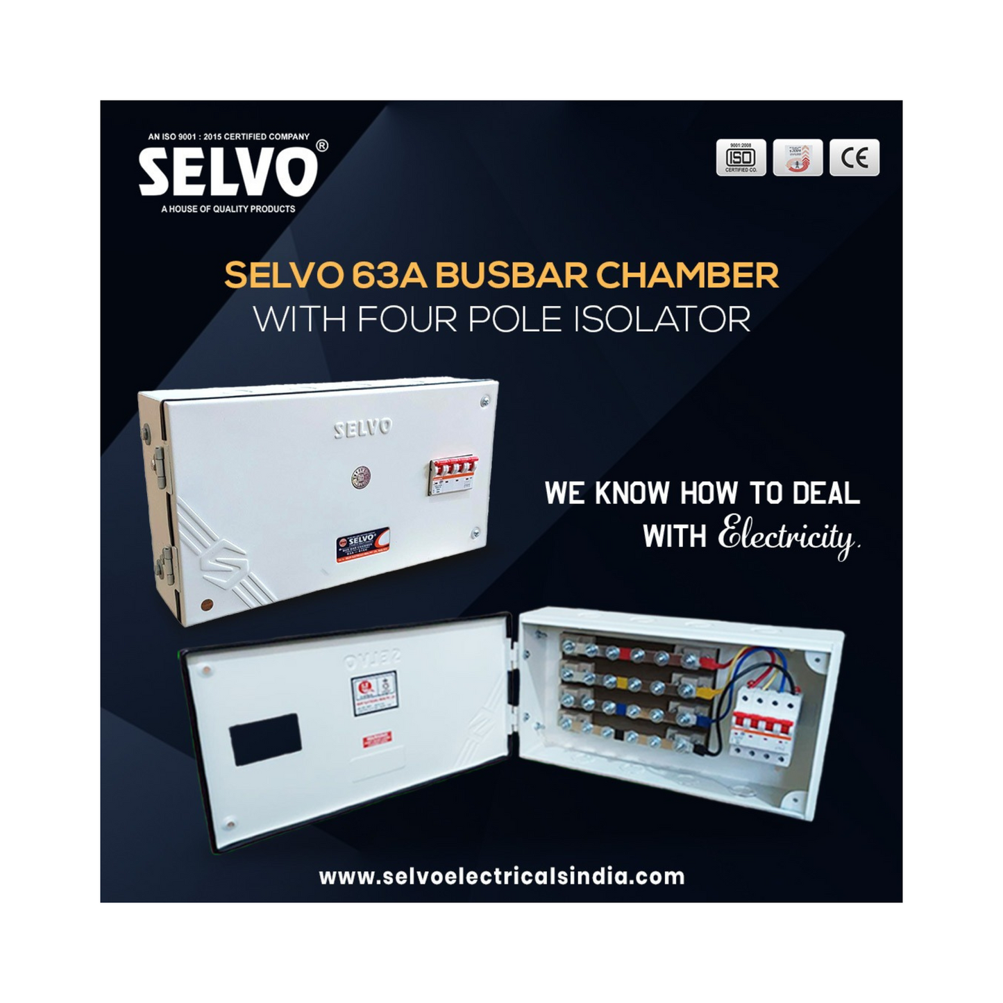 SELVO 63 Amps 415 Volts Busbar chamber board with 63A Four pole Isolator Protection