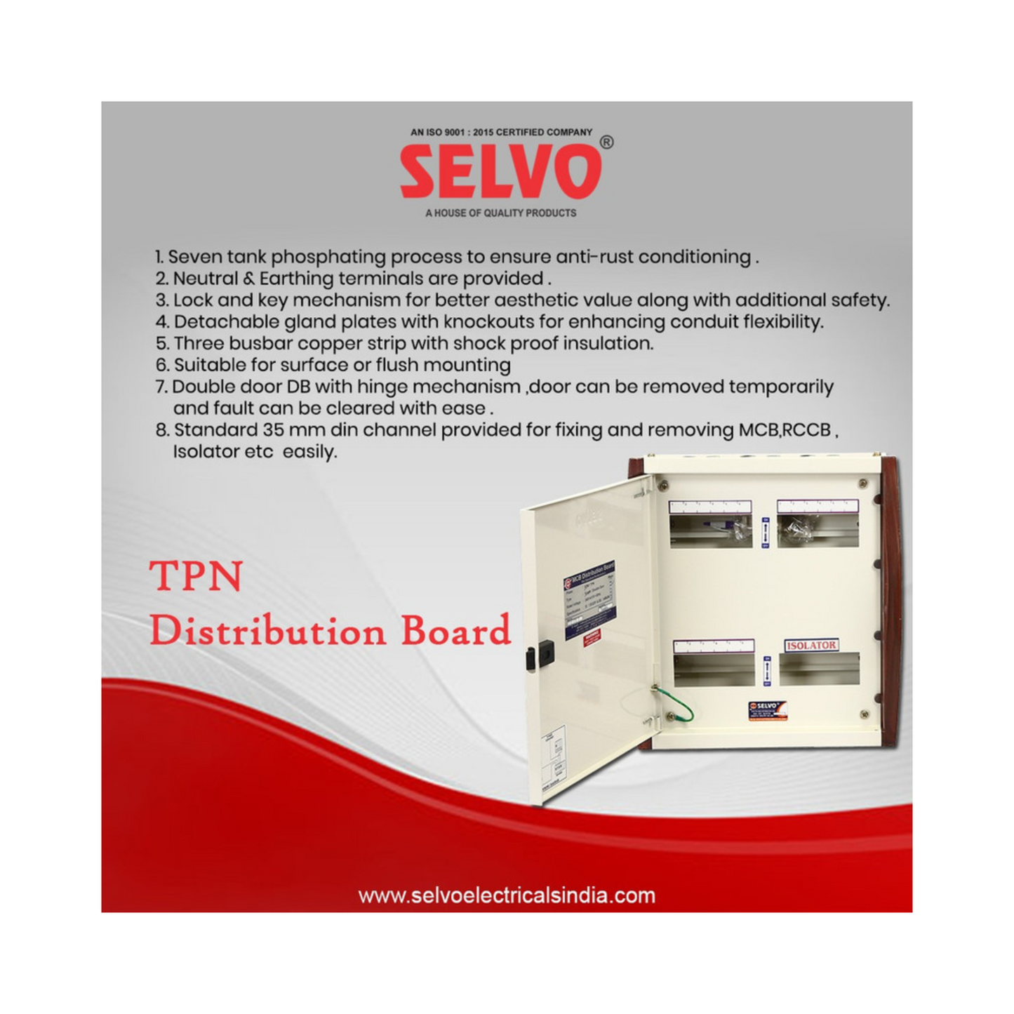 SELVO 6 Way TPN Double Door MCB Distribution Board