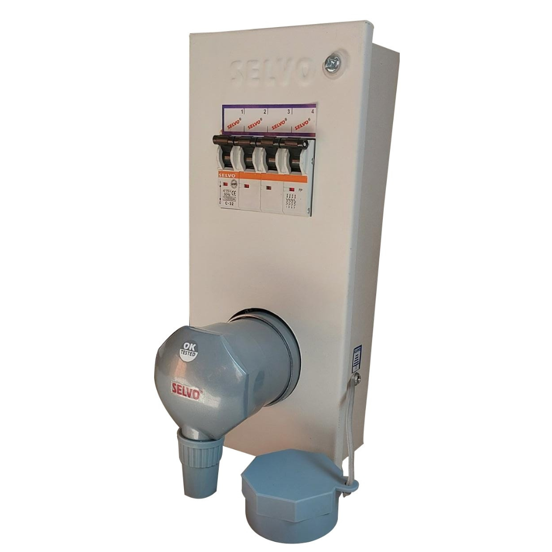 SELVO 30 Amps TPN Distribution Board with Three Pin Metal Clad Industrial Plug and Socket (Fitted with 32A FOUR POLE MCB)