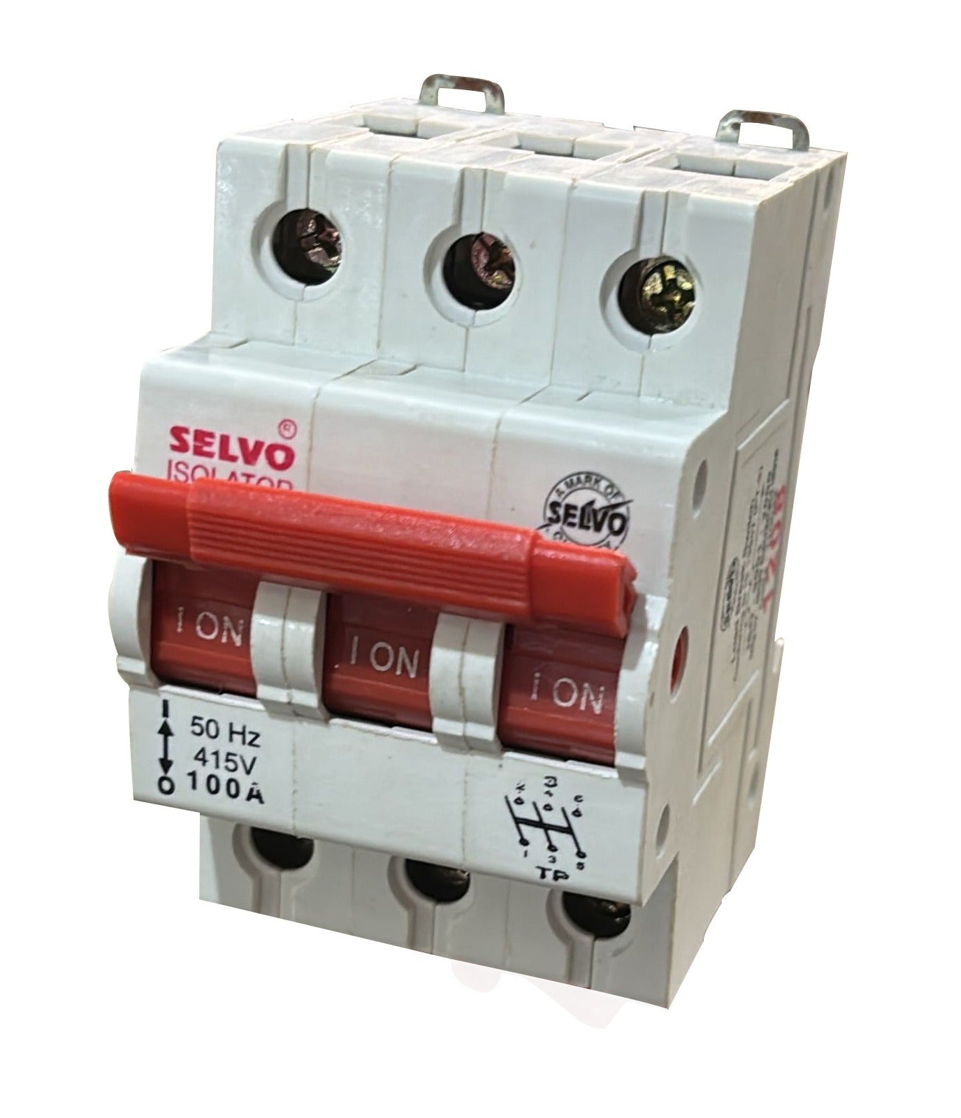 SELVO 100A Three Pole (TP) Isolator, Safety Isolation Switch, Easy Dual Termination, Bi-Stable Din-Rail Clip