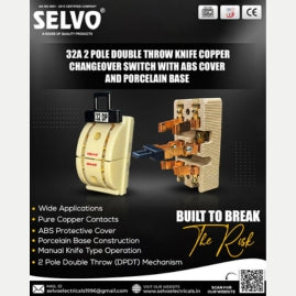 SELVO 32A 2 Pole Double Throw Knife Copper Changeover Switch with ABS Cover & Porcelain Base | Manual DPDT Power Transfer Switch | Heavy Duty Electrical Switch for Home & Industrial Use
