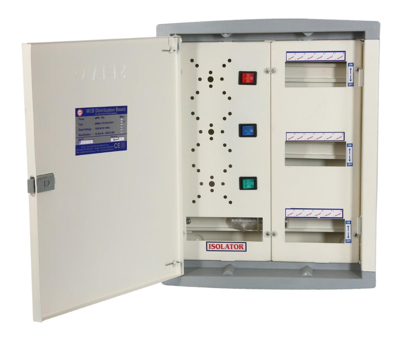 SELVO 6 Ways TPN Phase Selector Distribution Board ( Without Rotary Switch Fitted) DIMENSIONS: 52x39x16 approx in cm