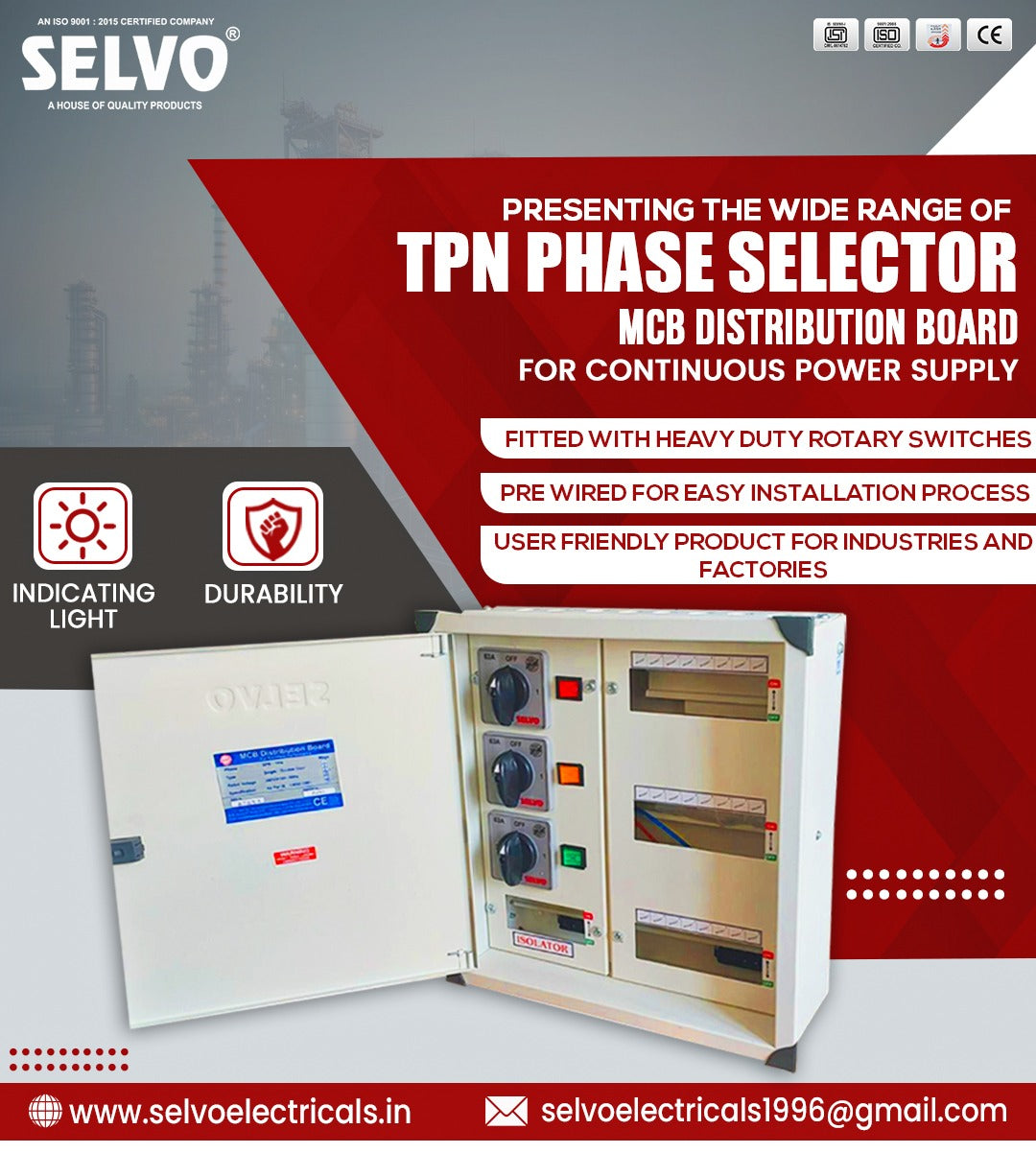 SELVO 63 Amp 8 Ways TPN Phase Selector Distribution Board (Fitted with 63A Rotary switches & duly wired) DIMENSIONS : 55 X 46 X15 approx in cm