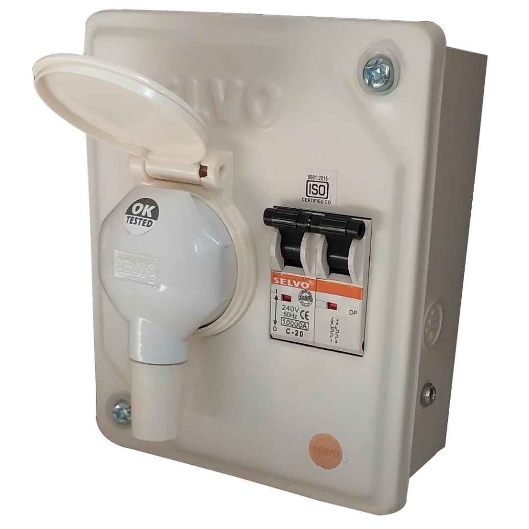 SELVO 20 Amps SPN Distribution Board with Two Pin Metal Clad Industrial Plug and Socket (Fitted with C-20A Double Pole MCB))