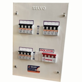 SELVO 4 WAY TPN SINGLE DOOR DISTRIBUTION BOARD (FITTED WITH SINGLE POLE MCB's & ISOLATOR)