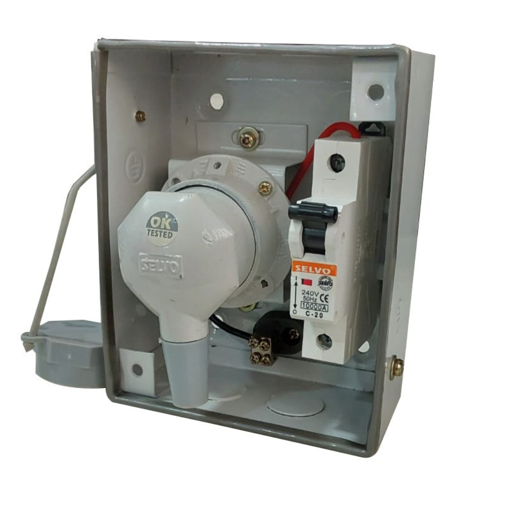 SELVO 20 Amps SPN Distribution Board with Two Pin Metal Clad Industrial Plug and Socket (Fitted with 20A Single Pole MCB)