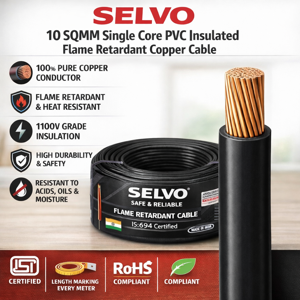 SELVO 10 SQ.MM 90 METERS SINGLE CORE PVC Insulated Flame Retardant Copper Cable