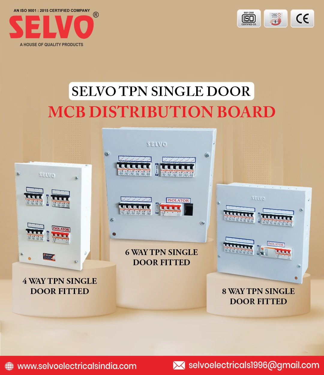 SELVO 6 Way TPN Single Door MCB Distribution Board