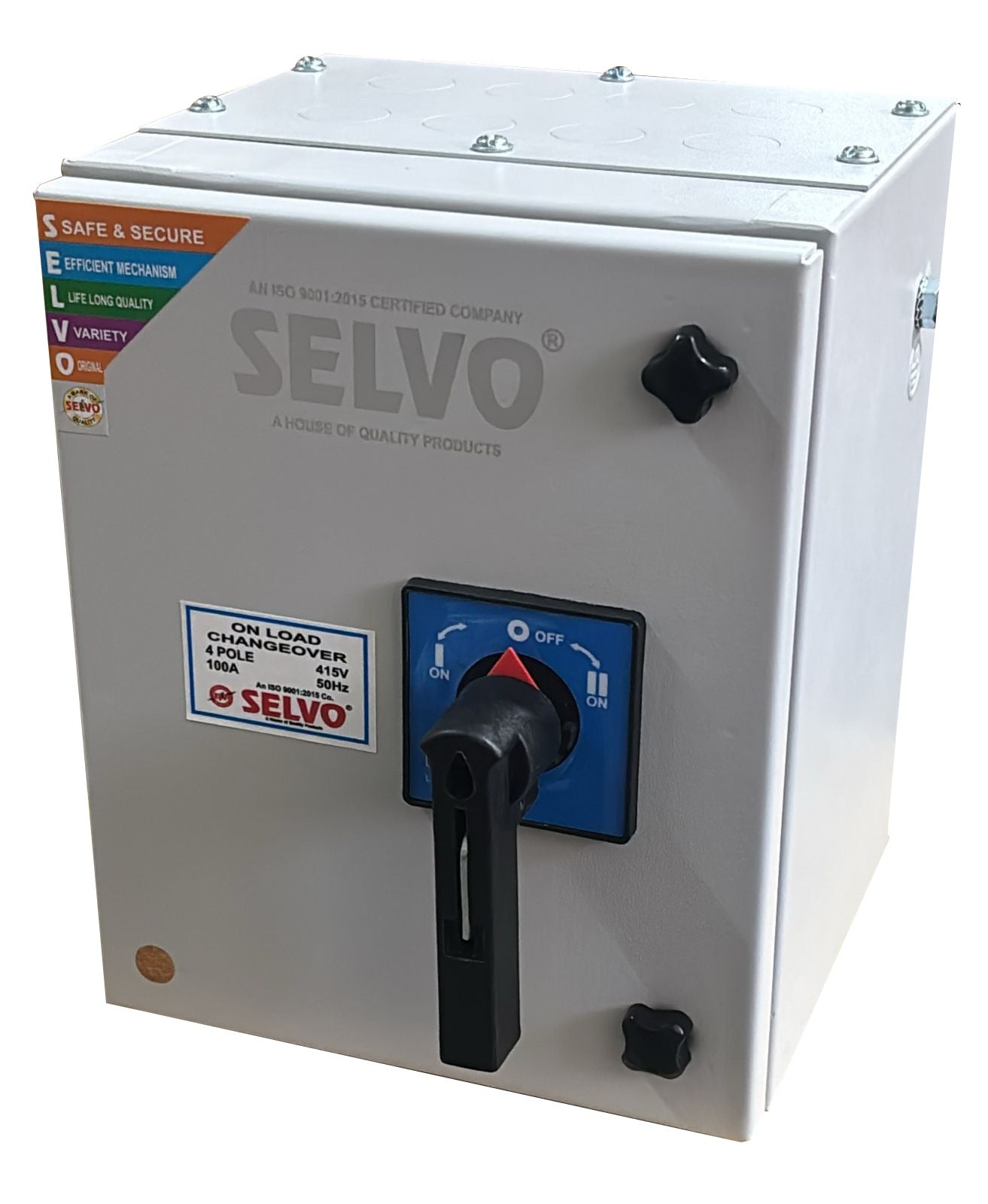 SELVO 100A 4 Pole 415 Volt Onload Changeover Switch with Sheet steel enclosure, 00 Frame size