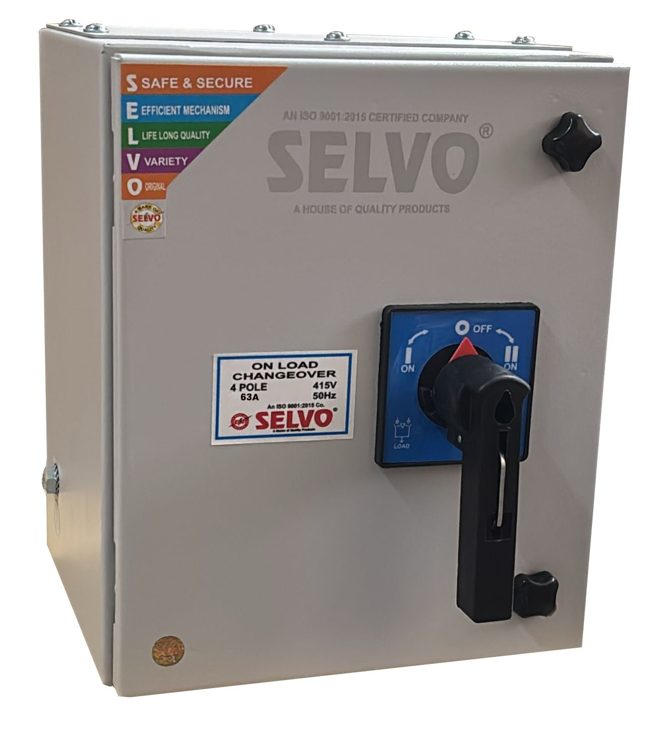 SELVO 63A 4 Pole 415 Volt Onload Changeover Switch with Sheet steel enclosure, 00 Frame size