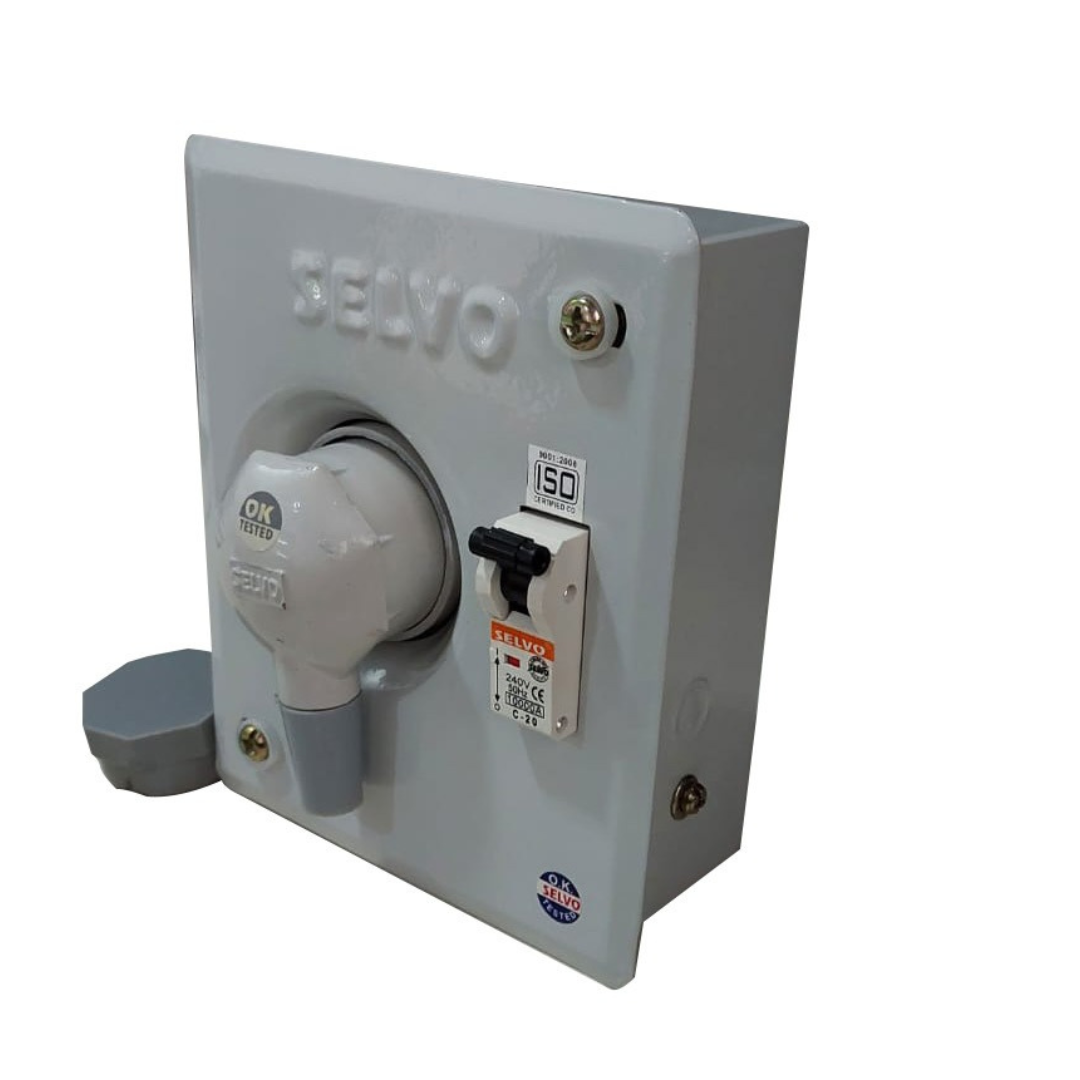SELVO 20 Amps SPN Distribution Board with Two Pin Metal Clad Industrial Plug and Socket (Fitted with 20A Single Pole MCB)