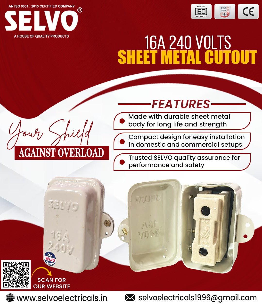 SELVO 16A. 240 VOLT SHEET METAL ENCLOSURE With KITKAT FUSE (PACK OF 3 Nos)