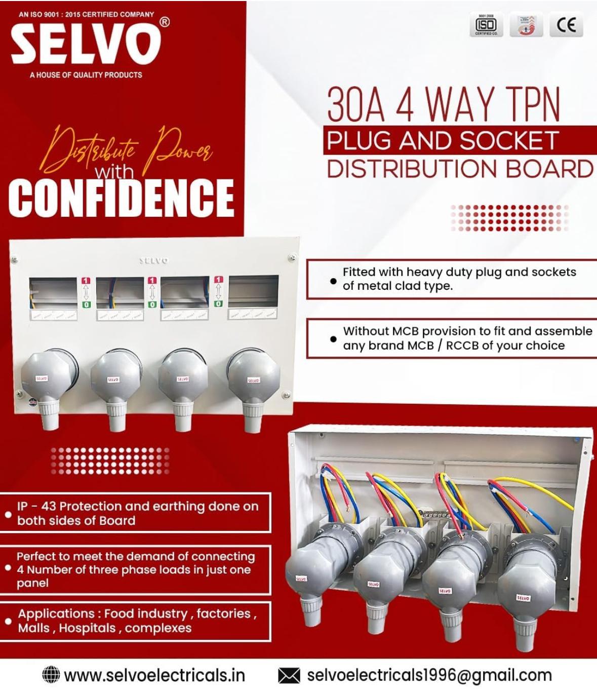SELVO 32A 4 Ways TPN Metal Clad Plug & Socket Distribution Board (Product Dimension : 43x26x14 in cm)