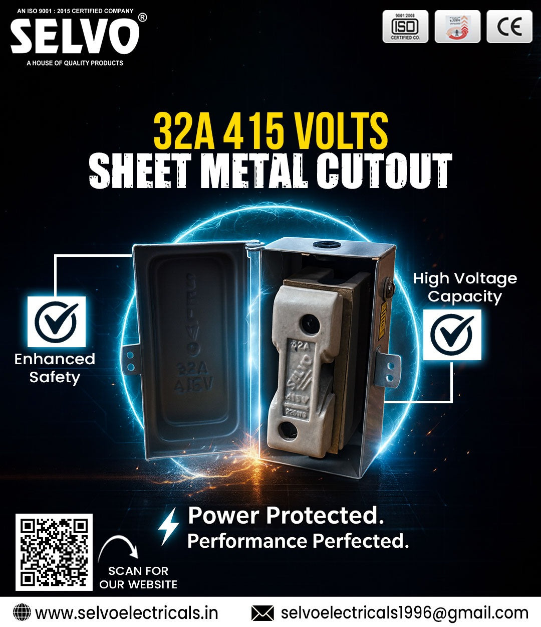 SELVO 32A. 240 VOLT SHEET METAL ENCLOSURE With KITKAT FUSE (PACK OF 4)