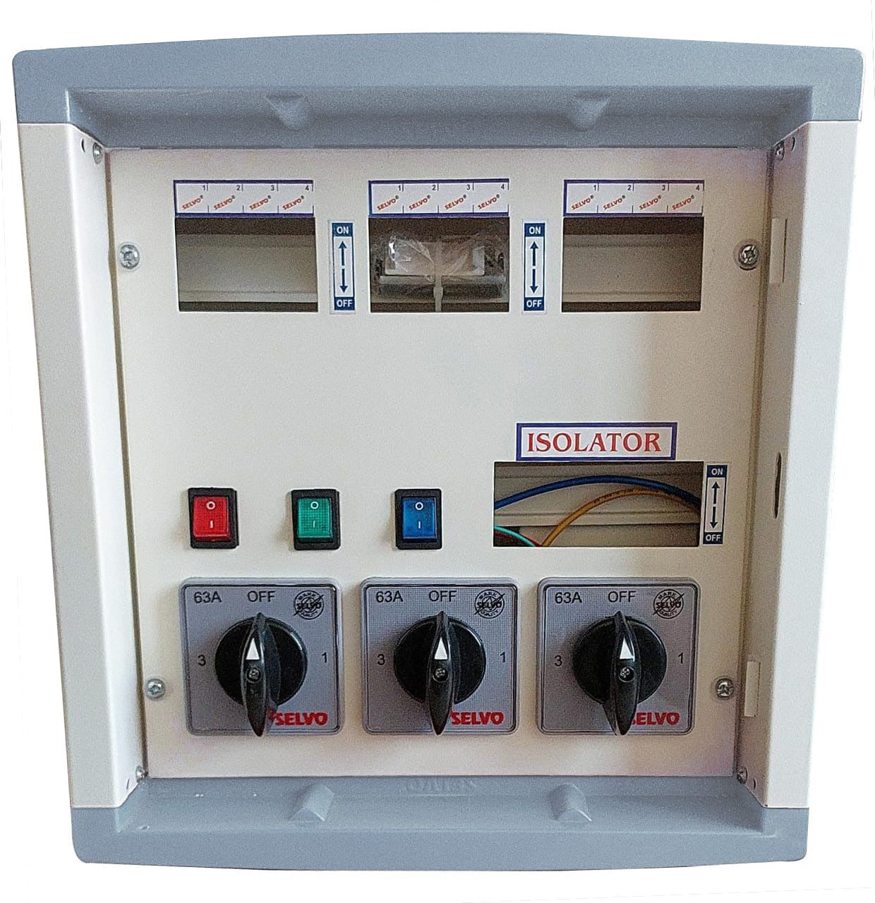 SELVO 63 Amp 4 Ways TPN Phase Selector Distribution Board (Fitted with 63A Rotary switches & duly wired)  DIMENSION : 41X39X16 Approx in cm
