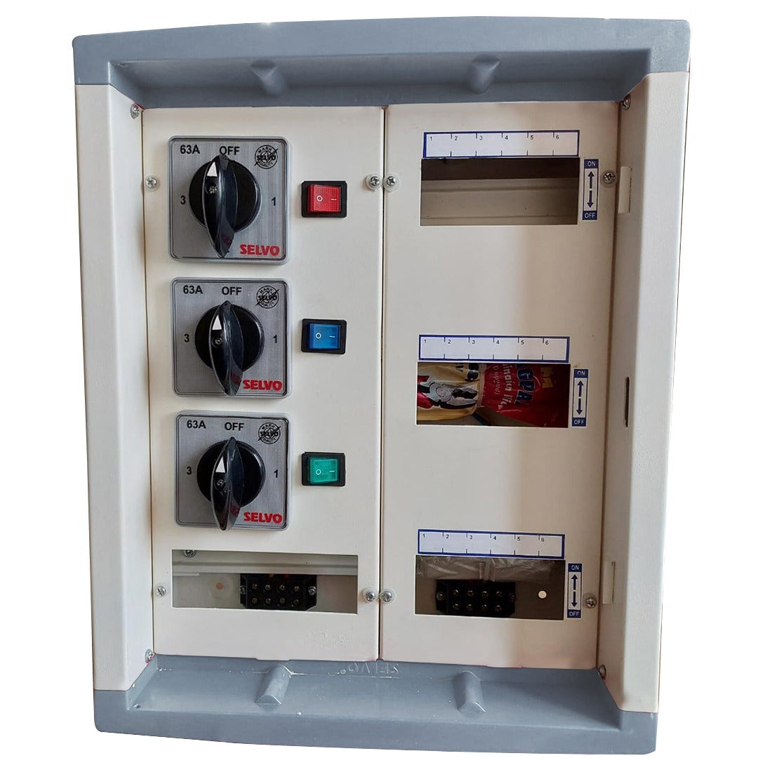 SELVO 63 Amp 6 Ways TPN Phase Selector Distribution Board (Fitted with 63A Rotary switches & duly wired)  DIMENSION : 52x39x16 approx in cm