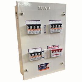 SELVO 4 WAY TPN SINGLE DOOR DISTRIBUTION BOARD (FITTED WITH SINGLE POLE MCB's & ISOLATOR)