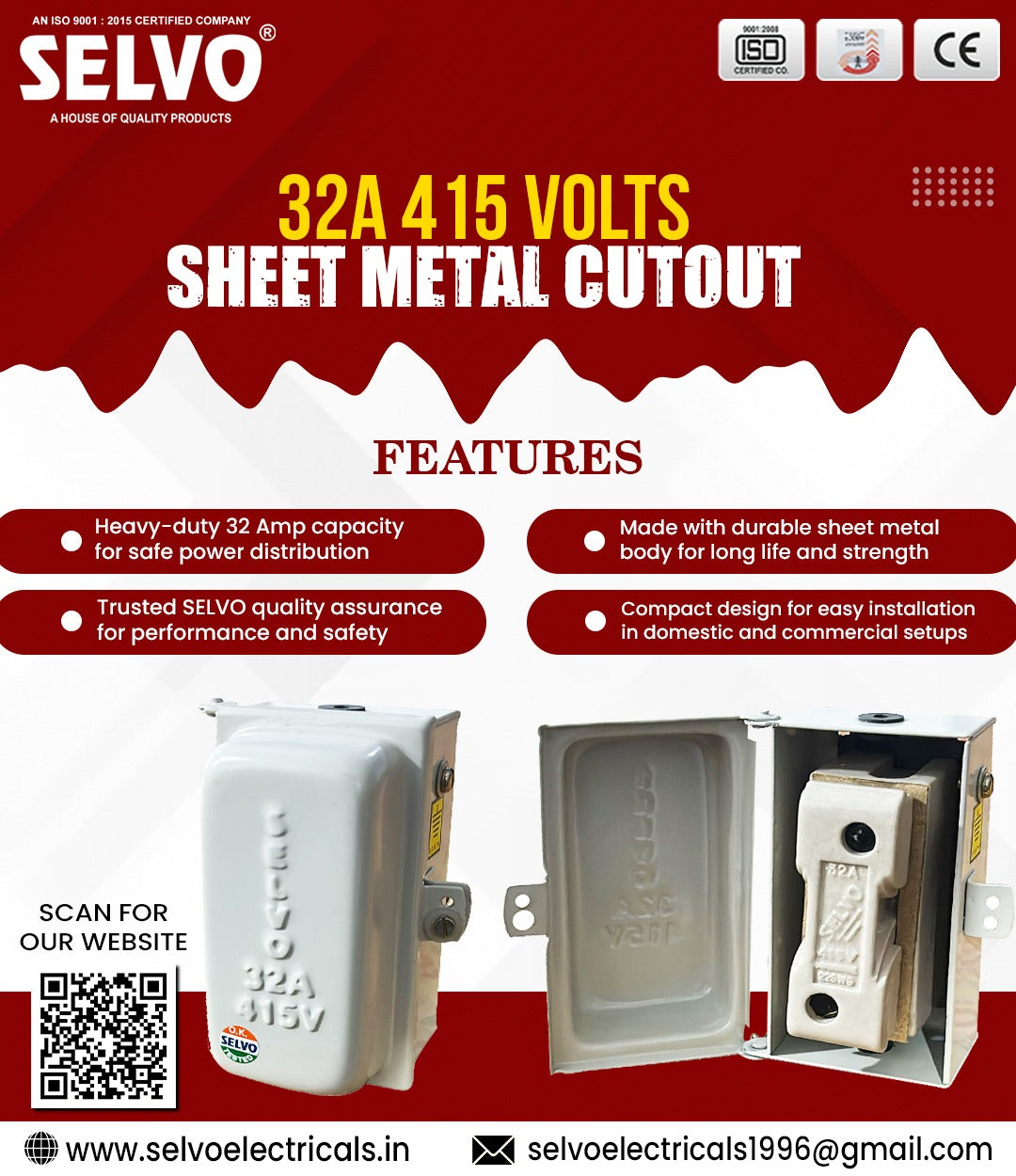 SELVO 32A. 240 VOLT SHEET METAL ENCLOSURE With KITKAT FUSE (PACK OF 4)