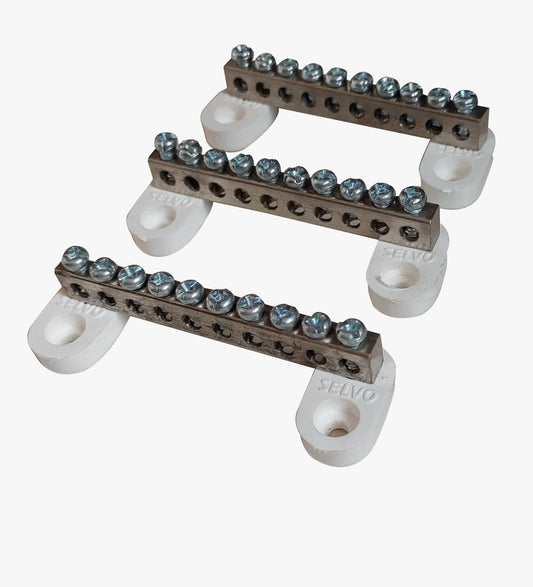 SELVO 10 Ways Brass Neutral Link 10 Screw Terminal Grounding Bar Block For cable looping and Earthing with P.B.T Base ( PACK OF 24 )
