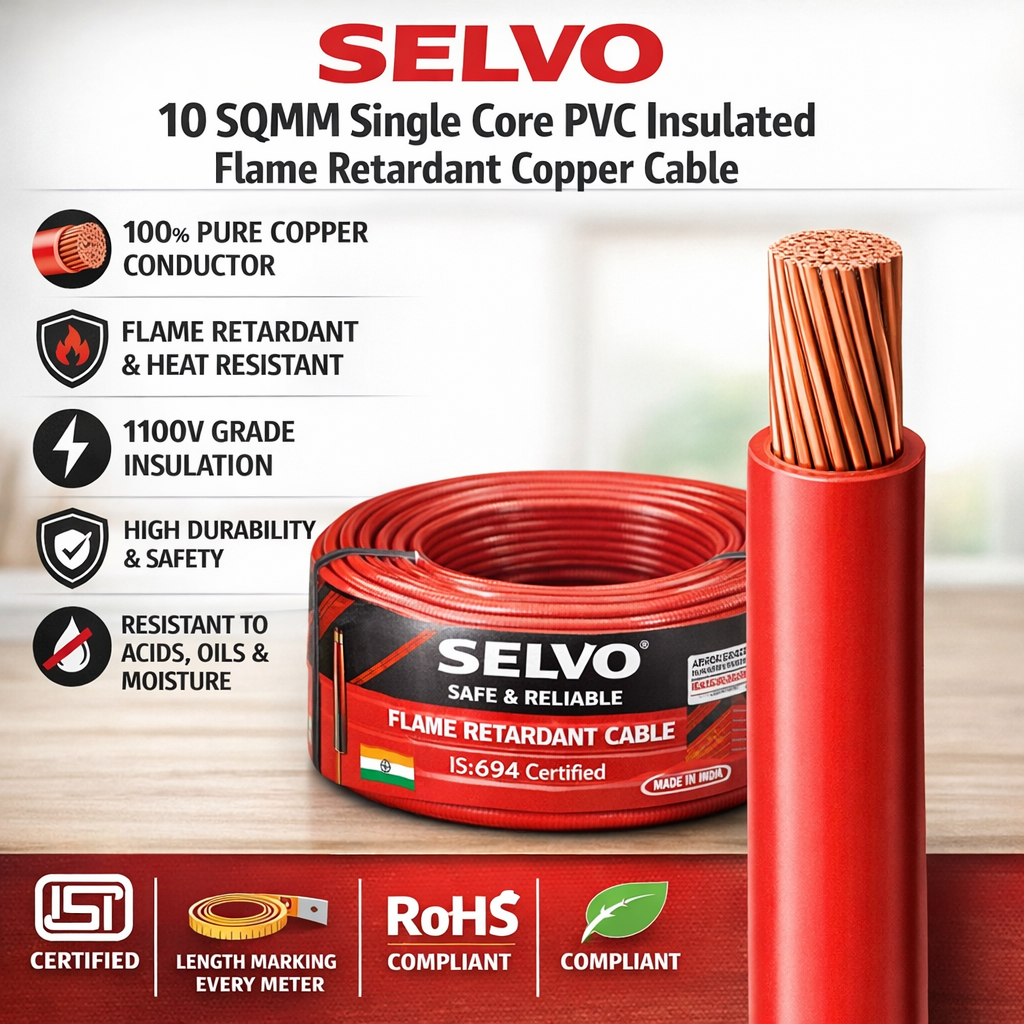 SELVO 10 SQ.MM 90 METERS SINGLE CORE PVC Insulated Flame Retardant Cop ...