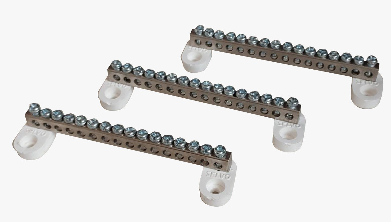 SELVO 16 Ways Brass Neutral link Sixteen Screw Terminal grounding Bar Block for Cable looping and Earthing with P.B.T. Base. ( PACK OF 18 )