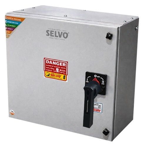SELVO 250A 4 Pole 415 Volt Onload Changeover Switch with Sheet steel enclosure, 02 Frame size