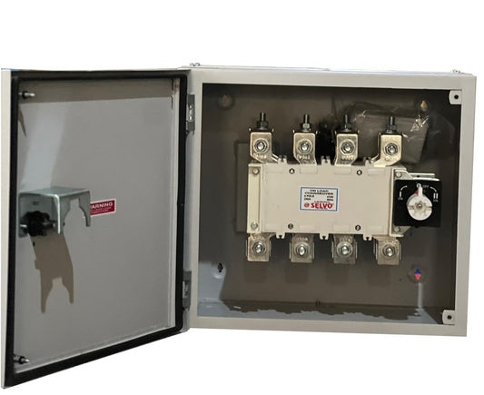 SELVO 250A 4 Pole 415 Volt Onload Changeover Switch with Sheet steel enclosure, 02 Frame size