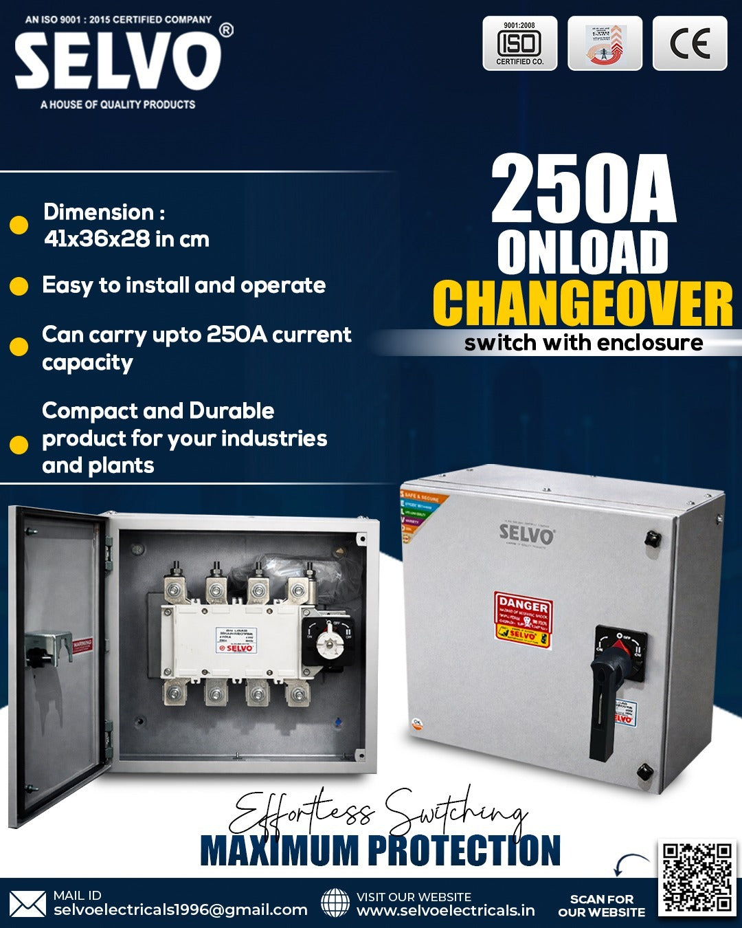 SELVO 250A 4 Pole 415 Volt Onload Changeover Switch with Sheet steel enclosure, 02 Frame size