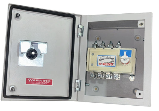 SELVO 100A 4 Pole 415 Volt Onload Changeover Switch with Sheet steel enclosure, 00 Frame size