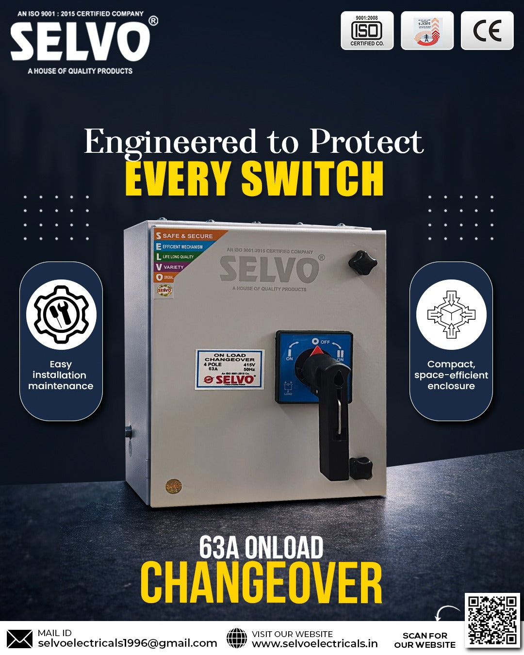 SELVO 63A 4 Pole 415 Volt Onload Changeover Switch with Sheet steel enclosure, 00 Frame size