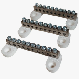 SELVO 10 Ways Brass Neutral Link 10 Screw Terminal Grounding Bar Block For cable looping and Earthing with P.B.T Base ( PACK OF 24 )